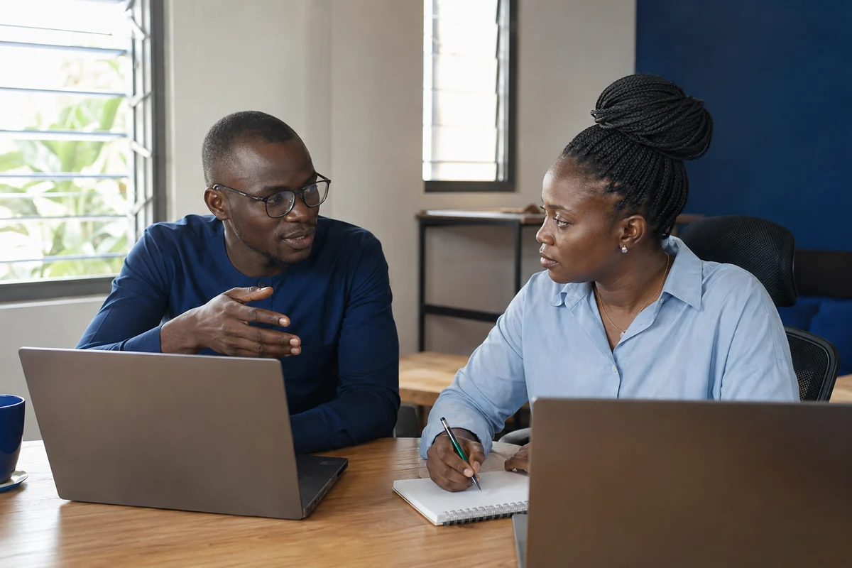 Two professionals collaborating at their laptops